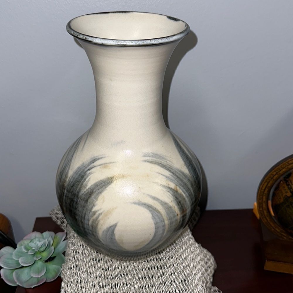 Hand Made Gray Blue Ivory Clay Glazed Stoneware Pottery Vase Artist Signed